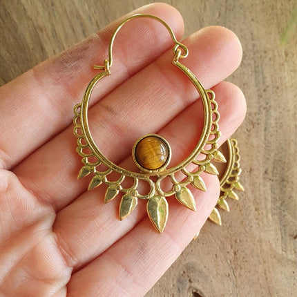 Tiger's Eye Gold Spiky Hoop Earrings Ethnic, rustic, yoga, hippie, gypsy, pretty, psy, boho, bohemian, festival