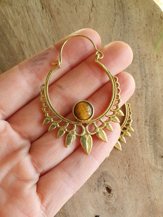 Tiger's Eye Gold Spiky Hoop Earrings Ethnic, rustic, yoga, hippie, gypsy, pretty, psy, boho, bohemian, festival