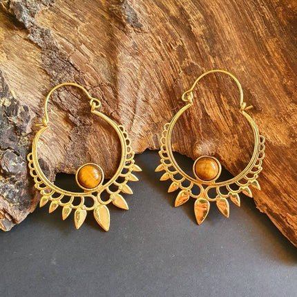 Tiger's Eye Gold Spiky Hoop Earrings Ethnic, rustic, yoga, hippie, gypsy, pretty, psy, boho, bohemian, festival