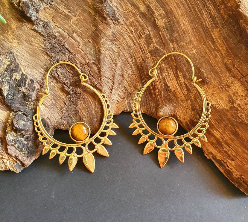 Tiger's Eye Gold Spiky Hoop Earrings Ethnic, rustic, yoga, hippie, gypsy, pretty, psy, boho, bohemian, festival