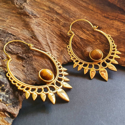 Tiger's Eye Gold Spiky Hoop Earrings Ethnic, rustic, yoga, hippie, gypsy, pretty, psy, boho, bohemian, festival