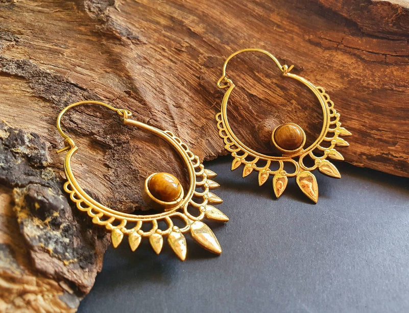 Tiger's Eye Gold Spiky Hoop Earrings Ethnic, rustic, yoga, hippie, gypsy, pretty, psy, boho, bohemian, festival