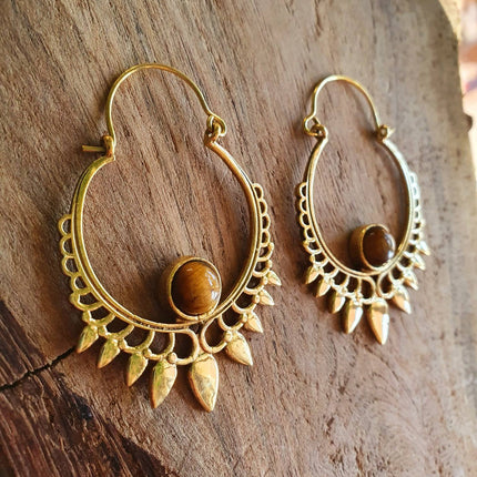 Tiger's Eye Gold Spiky Hoop Earrings Ethnic, rustic, yoga, hippie, gypsy, pretty, psy, boho, bohemian, festival