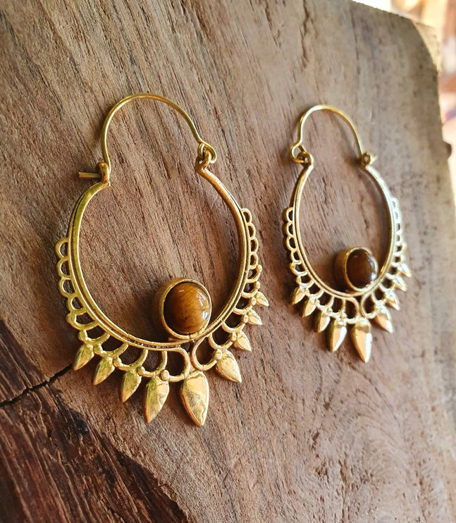 Tiger's Eye Gold Spiky Hoop Earrings Ethnic, rustic, yoga, hippie, gypsy, pretty, psy, boho, bohemian, festival