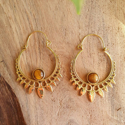 Tiger's Eye Gold Spiky Hoop Earrings Ethnic, rustic, yoga, hippie, gypsy, pretty, psy, boho, bohemian, festival