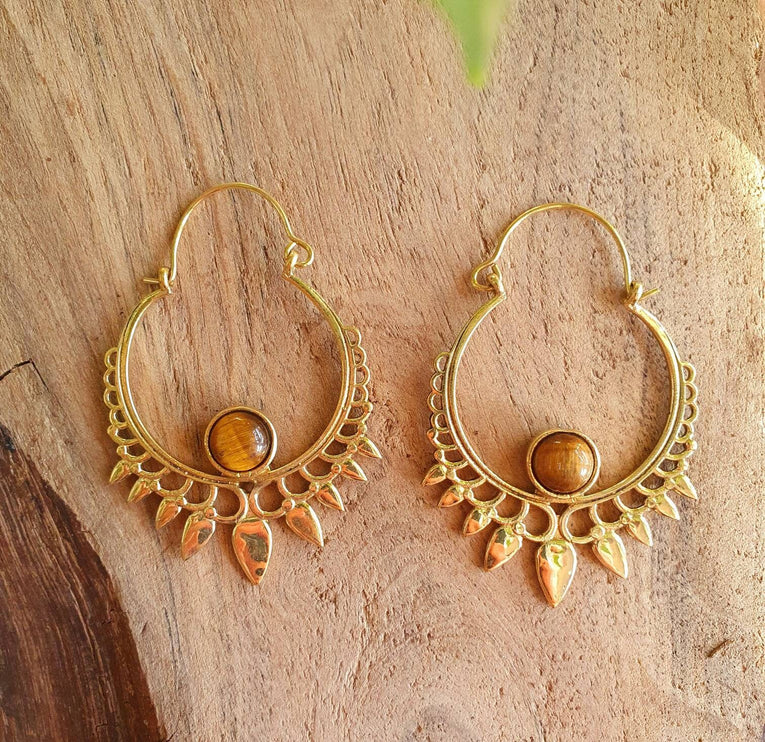 Tiger's Eye Gold Spiky Hoop Earrings Ethnic, rustic, yoga, hippie, gypsy, pretty, psy, boho, bohemian, festival