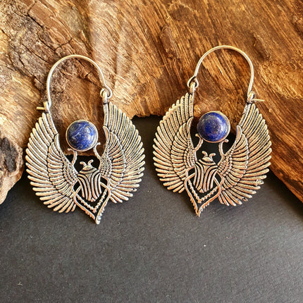 Silver Scarab Earrings Ancient Egypt Lapis Lazuli & Brass ; Ethnic, Geometric, rustic, yoga, hippie, gypsy, pretty, boho, bohemian, festival