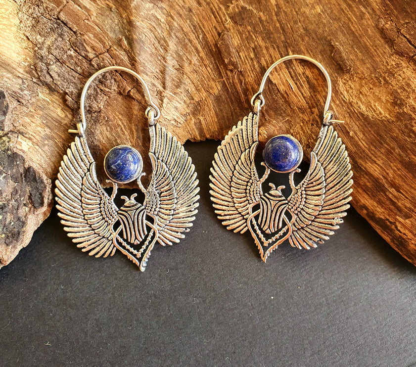 Silver Scarab Earrings Ancient Egypt Lapis Lazuli & Brass ; Ethnic, Geometric, rustic, yoga, hippie, gypsy, pretty, boho, bohemian, festival