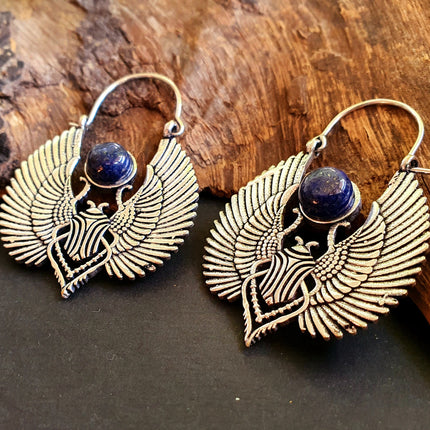 Silver Scarab Earrings Ancient Egypt Lapis Lazuli & Brass ; Ethnic, Geometric, rustic, yoga, hippie, gypsy, pretty, boho, bohemian, festival