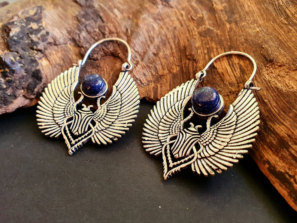 Silver Scarab Earrings Ancient Egypt Lapis Lazuli & Brass ; Ethnic, Geometric, rustic, yoga, hippie, gypsy, pretty, boho, bohemian, festival