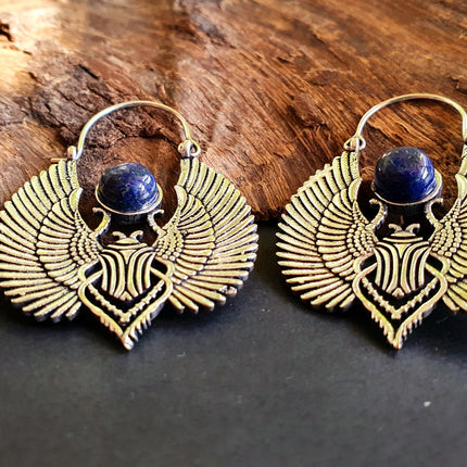 Silver Scarab Earrings Ancient Egypt Lapis Lazuli & Brass ; Ethnic, Geometric, rustic, yoga, hippie, gypsy, pretty, boho, bohemian, festival