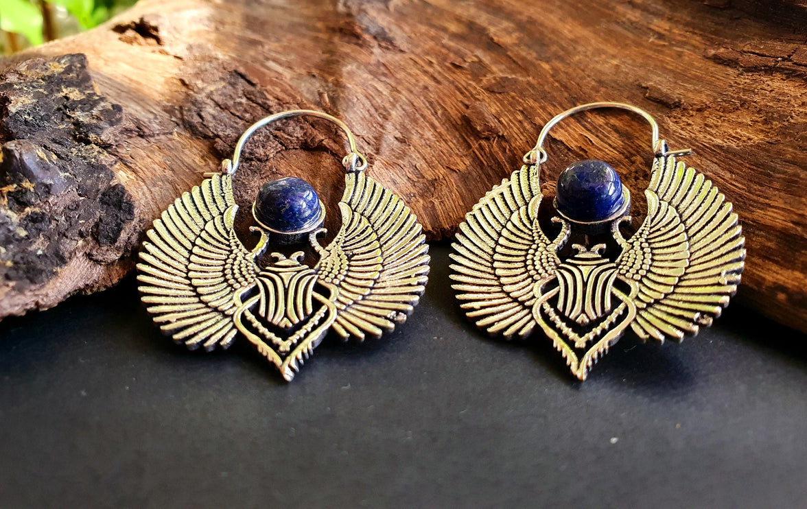 Silver Scarab Earrings Ancient Egypt Lapis Lazuli & Brass ; Ethnic, Geometric, rustic, yoga, hippie, gypsy, pretty, boho, bohemian, festival