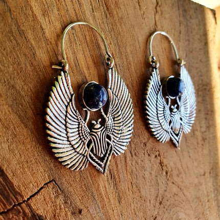 Silver Scarab Earrings Ancient Egypt Lapis Lazuli & Brass ; Ethnic, Geometric, rustic, yoga, hippie, gypsy, pretty, boho, bohemian, festival