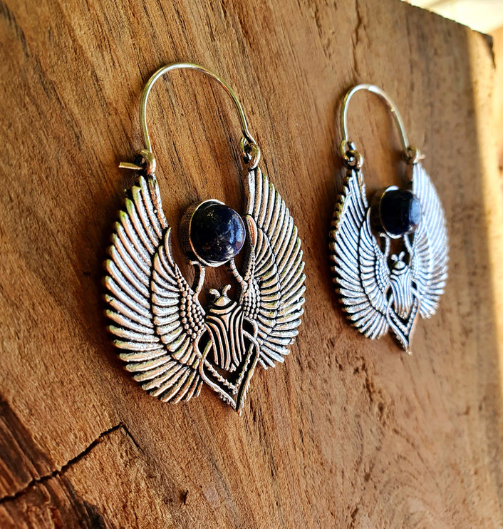 Silver Scarab Earrings Ancient Egypt Lapis Lazuli & Brass ; Ethnic, Geometric, rustic, yoga, hippie, gypsy, pretty, boho, bohemian, festival