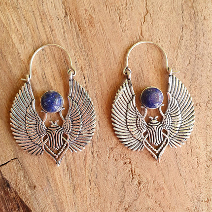 Silver Scarab Earrings Ancient Egypt Lapis Lazuli & Brass ; Ethnic, Geometric, rustic, yoga, hippie, gypsy, pretty, boho, bohemian, festival