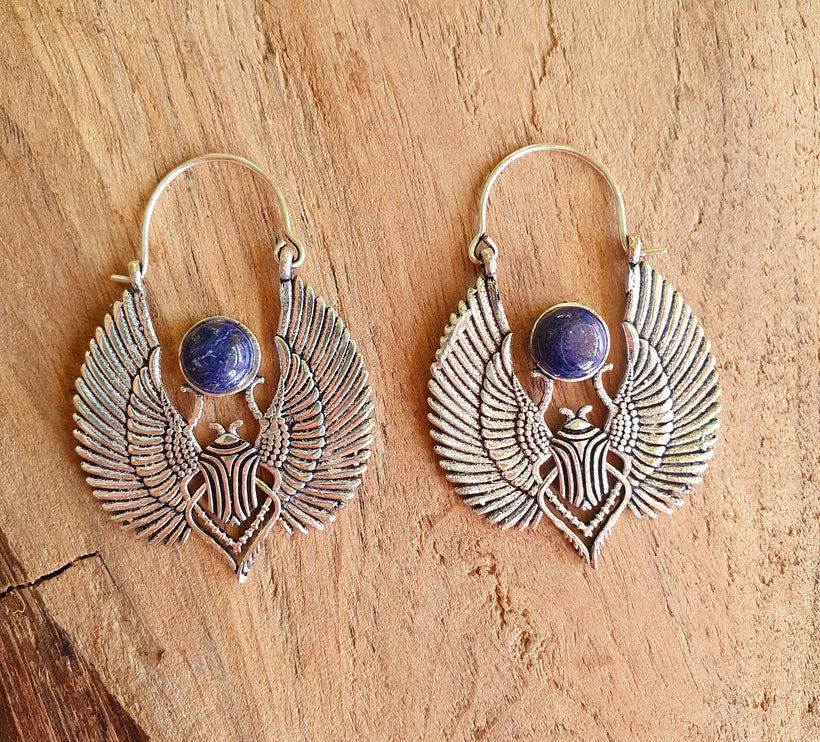 Silver Scarab Earrings Ancient Egypt Lapis Lazuli & Brass ; Ethnic, Geometric, rustic, yoga, hippie, gypsy, pretty, boho, bohemian, festival