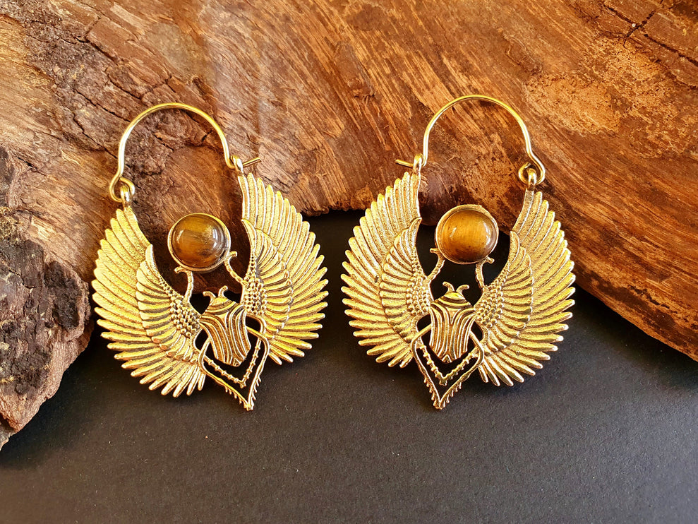 Golden Tiger Eye Scarab Earrings Ancient Egypt ; Ethnic, Geometric, rustic, yoga, hippie, gypsy, pretty, boho, bohemian, festival