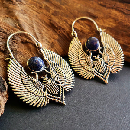 Silver Scarab Earrings Ancient Egypt Lapis Lazuli & Brass ; Ethnic, Geometric, rustic, yoga, hippie, gypsy, pretty, boho, bohemian, festival