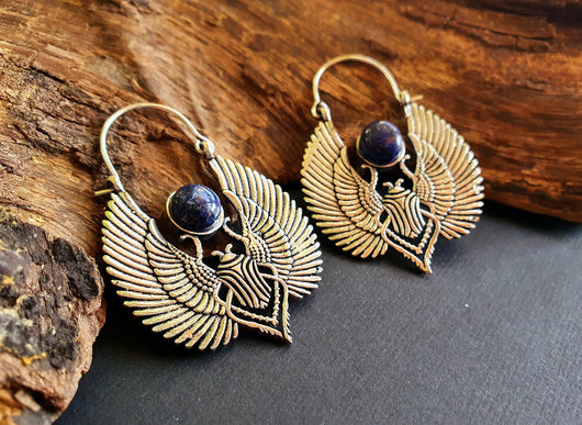 Silver Scarab Earrings Ancient Egypt Lapis Lazuli & Brass ; Ethnic, Geometric, rustic, yoga, hippie, gypsy, pretty, boho, bohemian, festival