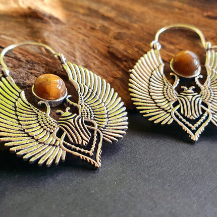 Silver Tiger Eye Scarab Earrings Ancient Egypt ; Ethnic, Geometric, rustic, yoga, hippie, gypsy, pretty, boho, bohemian, festival