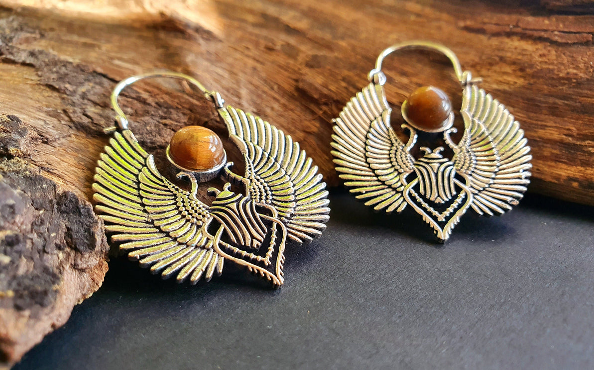 Silver Tiger Eye Scarab Earrings Ancient Egypt ; Ethnic, Geometric, rustic, yoga, hippie, gypsy, pretty, boho, bohemian, festival