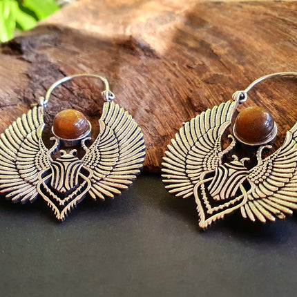 Silver Tiger Eye Scarab Earrings Ancient Egypt ; Ethnic, Geometric, rustic, yoga, hippie, gypsy, pretty, boho, bohemian, festival