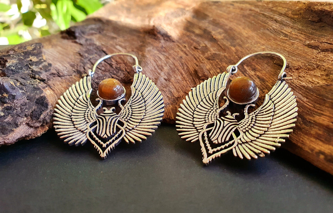 Silver Tiger Eye Scarab Earrings Ancient Egypt ; Ethnic, Geometric, rustic, yoga, hippie, gypsy, pretty, boho, bohemian, festival