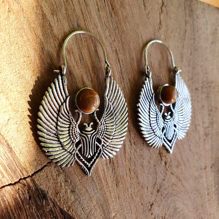 Silver Tiger Eye Scarab Earrings Ancient Egypt ; Ethnic, Geometric, rustic, yoga, hippie, gypsy, pretty, boho, bohemian, festival