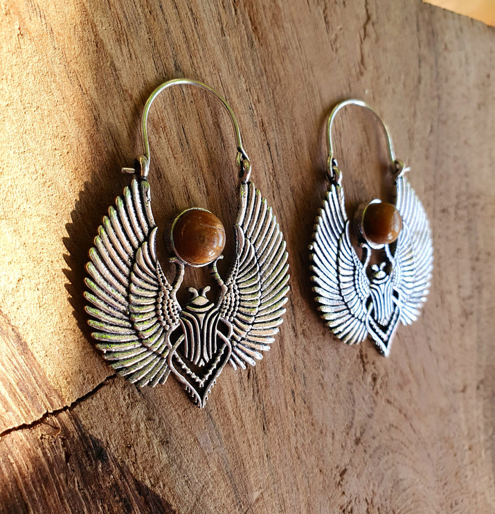 Silver Tiger Eye Scarab Earrings Ancient Egypt ; Ethnic, Geometric, rustic, yoga, hippie, gypsy, pretty, boho, bohemian, festival