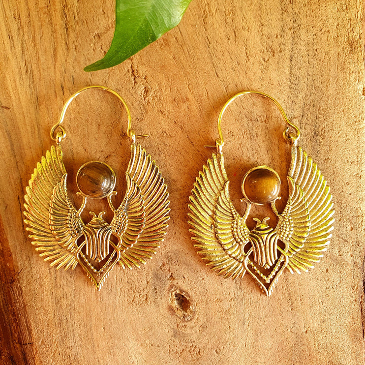 Golden Tiger Eye Scarab Earrings Ancient Egypt ; Ethnic, Geometric, rustic, yoga, hippie, gypsy, pretty, boho, bohemian, festival