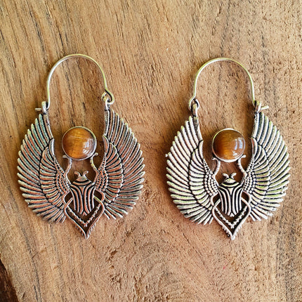 Silver Tiger Eye Scarab Earrings Ancient Egypt ; Ethnic, Geometric, rustic, yoga, hippie, gypsy, pretty, boho, bohemian, festival