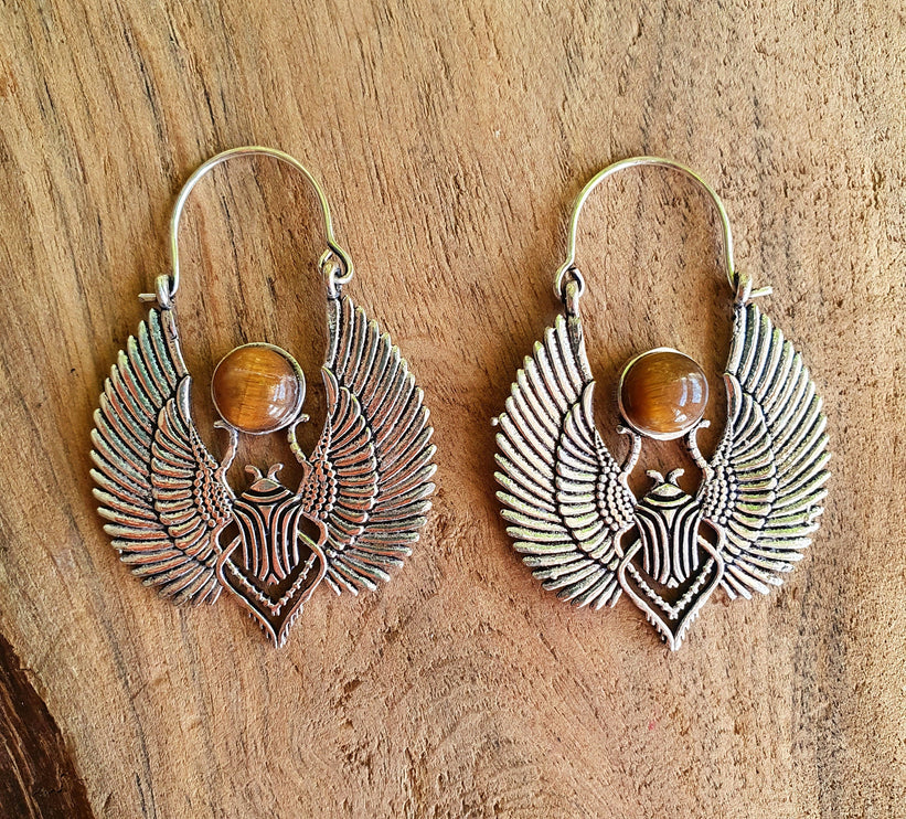 Silver Tiger Eye Scarab Earrings Ancient Egypt ; Ethnic, Geometric, rustic, yoga, hippie, gypsy, pretty, boho, bohemian, festival