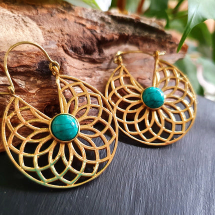 Golden Aztec Ethnic Turquoise Earrings Ethnic, rustic, yoga, hippie, gypsy, pretty, psy, boho, bohemian, festival