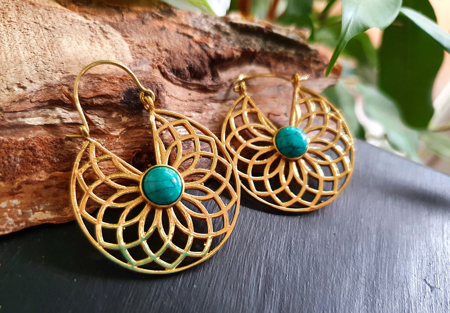 Golden Aztec Ethnic Turquoise Earrings Ethnic, rustic, yoga, hippie, gypsy, pretty, psy, boho, bohemian, festival