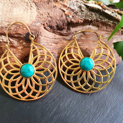 Golden Aztec Ethnic Turquoise Earrings Ethnic, rustic, yoga, hippie, gypsy, pretty, psy, boho, bohemian, festival