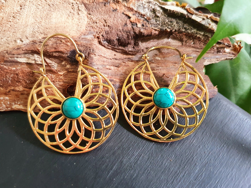 Golden Aztec Ethnic Turquoise Earrings Ethnic, rustic, yoga, hippie, gypsy, pretty, psy, boho, bohemian, festival