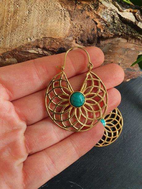 Golden Aztec Ethnic Turquoise Earrings Ethnic, rustic, yoga, hippie, gypsy, pretty, psy, boho, bohemian, festival