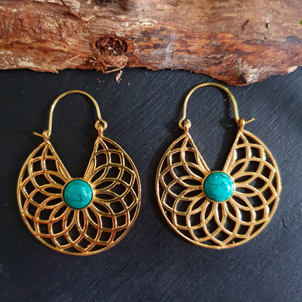 Golden Aztec Ethnic Turquoise Earrings Ethnic, rustic, yoga, hippie, gypsy, pretty, psy, boho, bohemian, festival