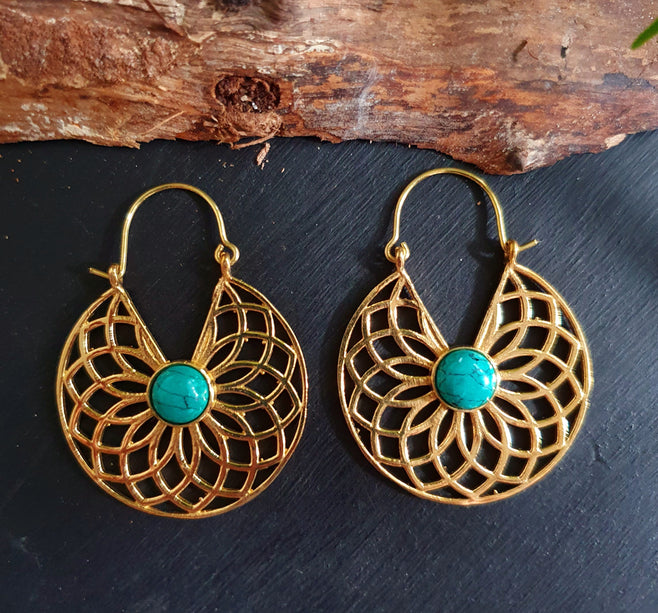 Golden Aztec Ethnic Turquoise Earrings Ethnic, rustic, yoga, hippie, gypsy, pretty, psy, boho, bohemian, festival