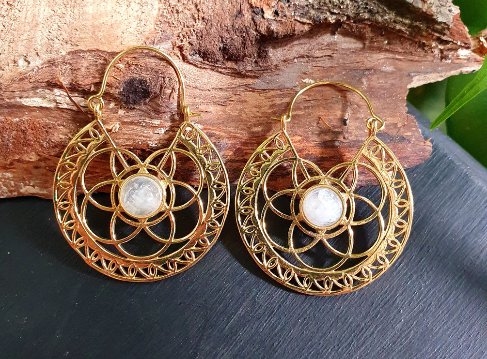 Moonstone & Brass Hoop Earrings Ethnic, rustic, yoga, hippie, gypsy, pretty, psy, boho, bohemian, festival