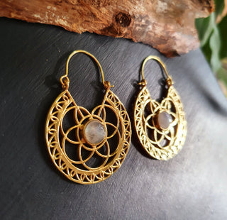 Moonstone & Brass Hoop Earrings Ethnic, rustic, yoga, hippie, gypsy, pretty, psy, boho, bohemian, festival