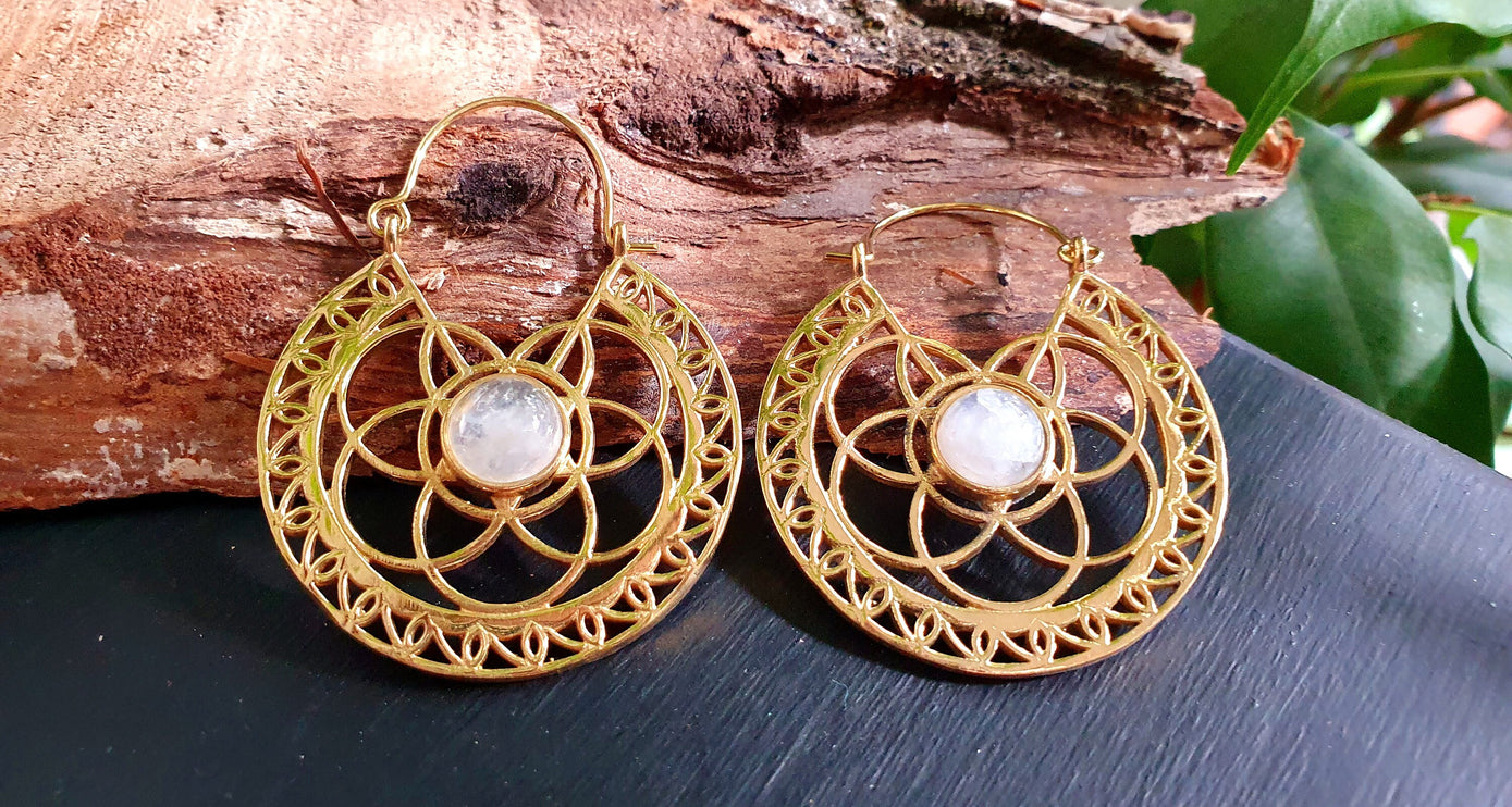 Moonstone & Brass Hoop Earrings Ethnic, rustic, yoga, hippie, gypsy, pretty, psy, boho, bohemian, festival