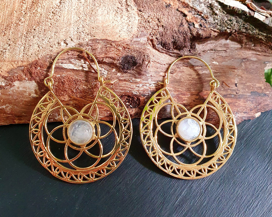 Moonstone & Brass Hoop Earrings Ethnic, rustic, yoga, hippie, gypsy, pretty, psy, boho, bohemian, festival