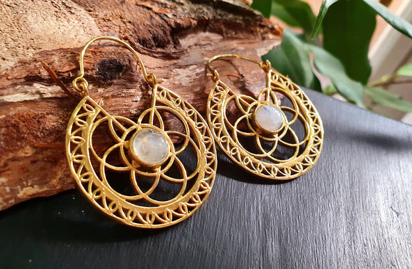 Moonstone & Brass Hoop Earrings Ethnic, rustic, yoga, hippie, gypsy, pretty, psy, boho, bohemian, festival