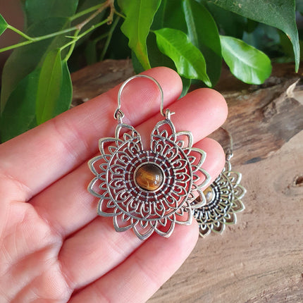 Silver Tiger Eye Mandala Flower Earrings ; Ethnic, Geometric, rustic, yoga, hippie, gypsy, pretty, boho, bohemian, festival