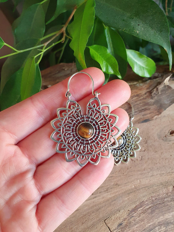 Silver Tiger Eye Mandala Flower Earrings ; Ethnic, Geometric, rustic, yoga, hippie, gypsy, pretty, boho, bohemian, festival