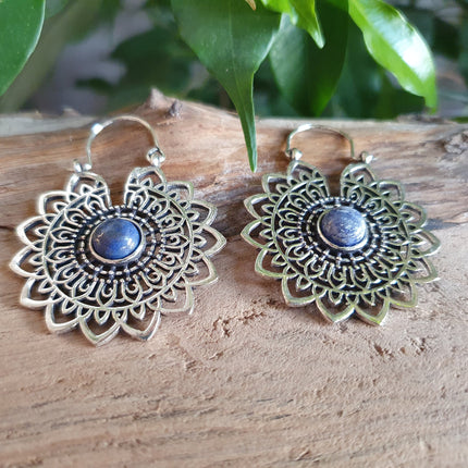 Silver Mandala Flower Earrings Lapis Lazuli ; Ethnic, Geometric, rustic, yoga, hippie, gypsy, pretty, boho, bohemian, festival