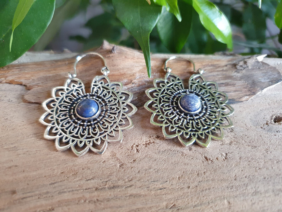 Silver Mandala Flower Earrings Lapis Lazuli ; Ethnic, Geometric, rustic, yoga, hippie, gypsy, pretty, boho, bohemian, festival