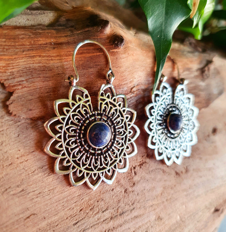 Silver Mandala Flower Earrings Lapis Lazuli ; Ethnic, Geometric, rustic, yoga, hippie, gypsy, pretty, boho, bohemian, festival