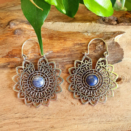 Silver Mandala Flower Earrings Lapis Lazuli ; Ethnic, Geometric, rustic, yoga, hippie, gypsy, pretty, boho, bohemian, festival